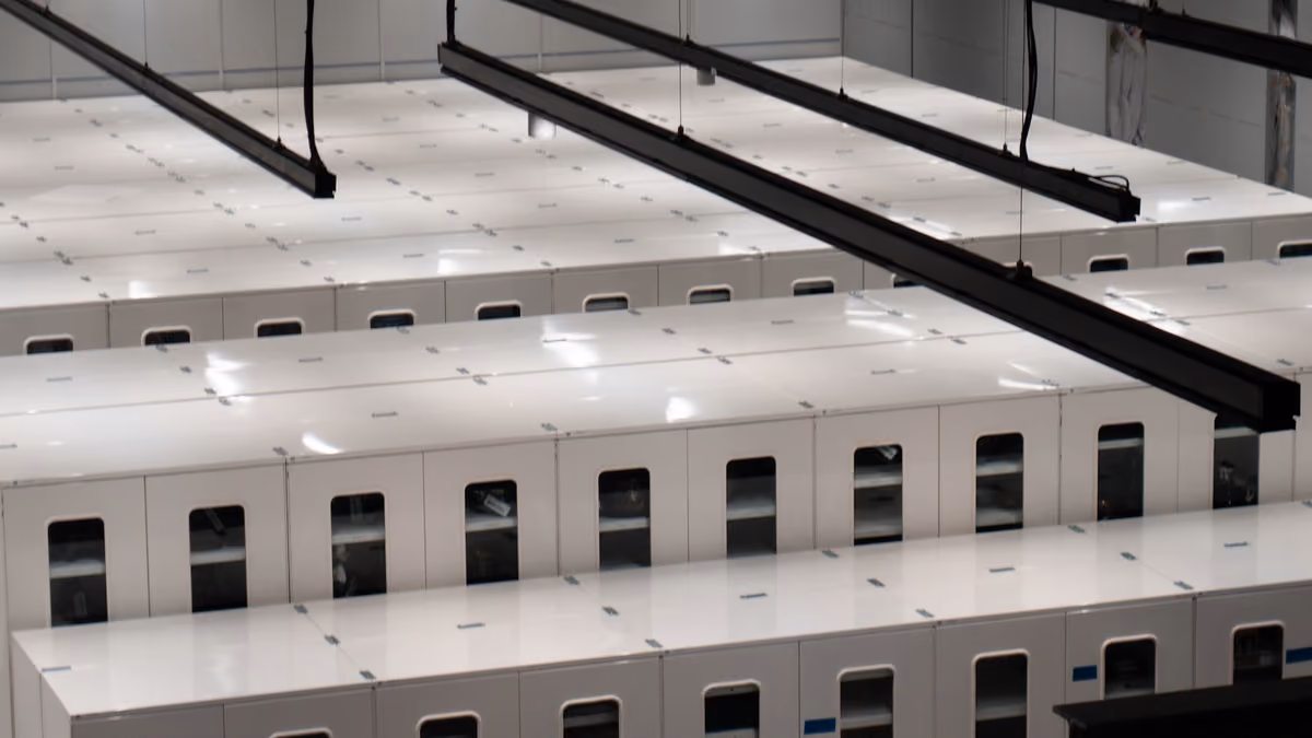 Rows of white server cabinets with small windows, seen from above under overhead light rails