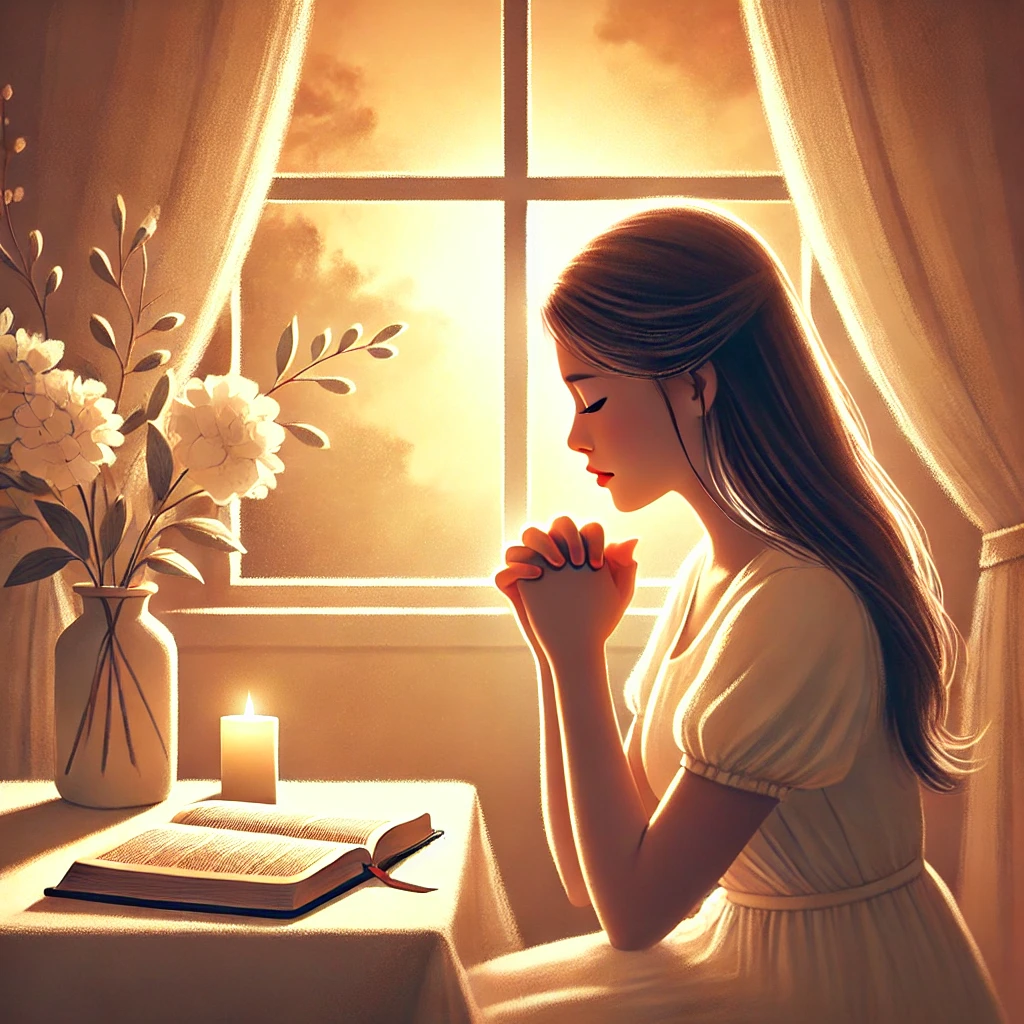  A serene illustration of a young woman praying in a quiet room, a Bible open in front of her, and a soft glow of light coming through a window, symbol