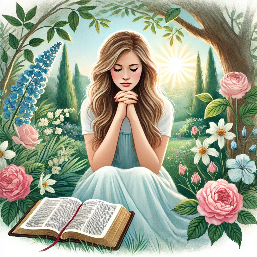 A heartfelt illustration of a young woman sitting in a peaceful garden, hands clasped in prayer, surrounded by blooming flowers and an open Bible