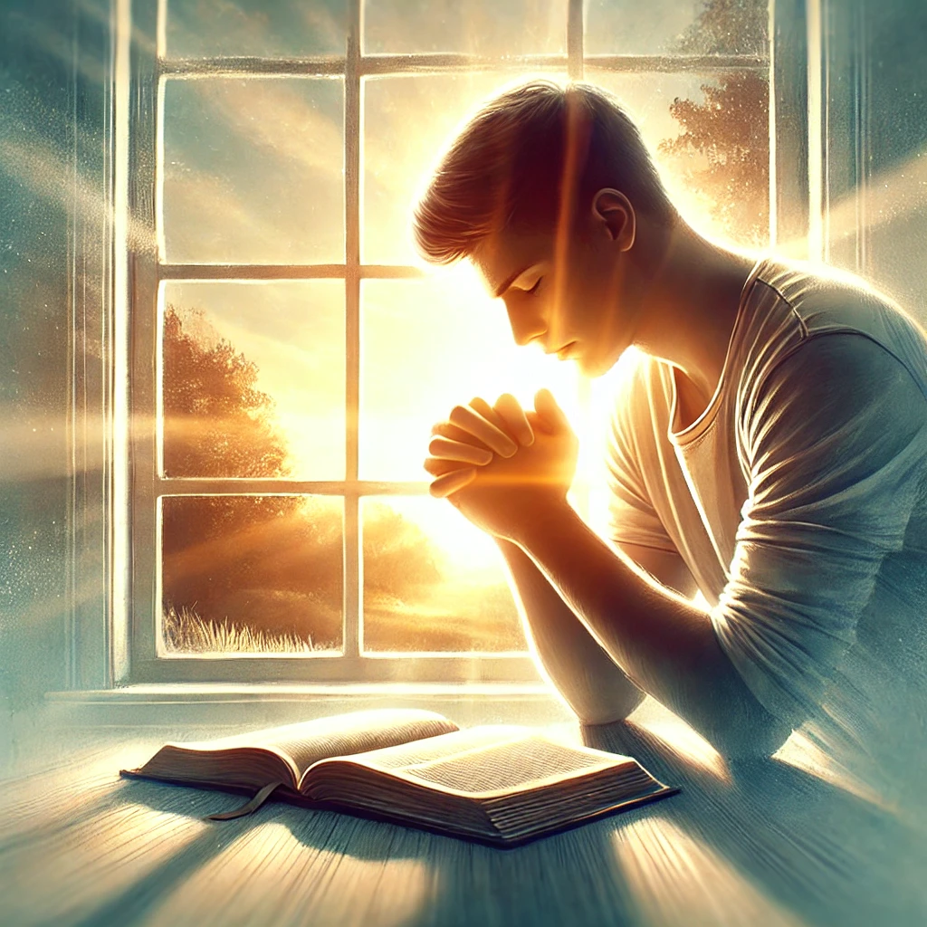 Here’s a serene image depicting a young man praying with an open Bible, reflecting faith and trust in God.