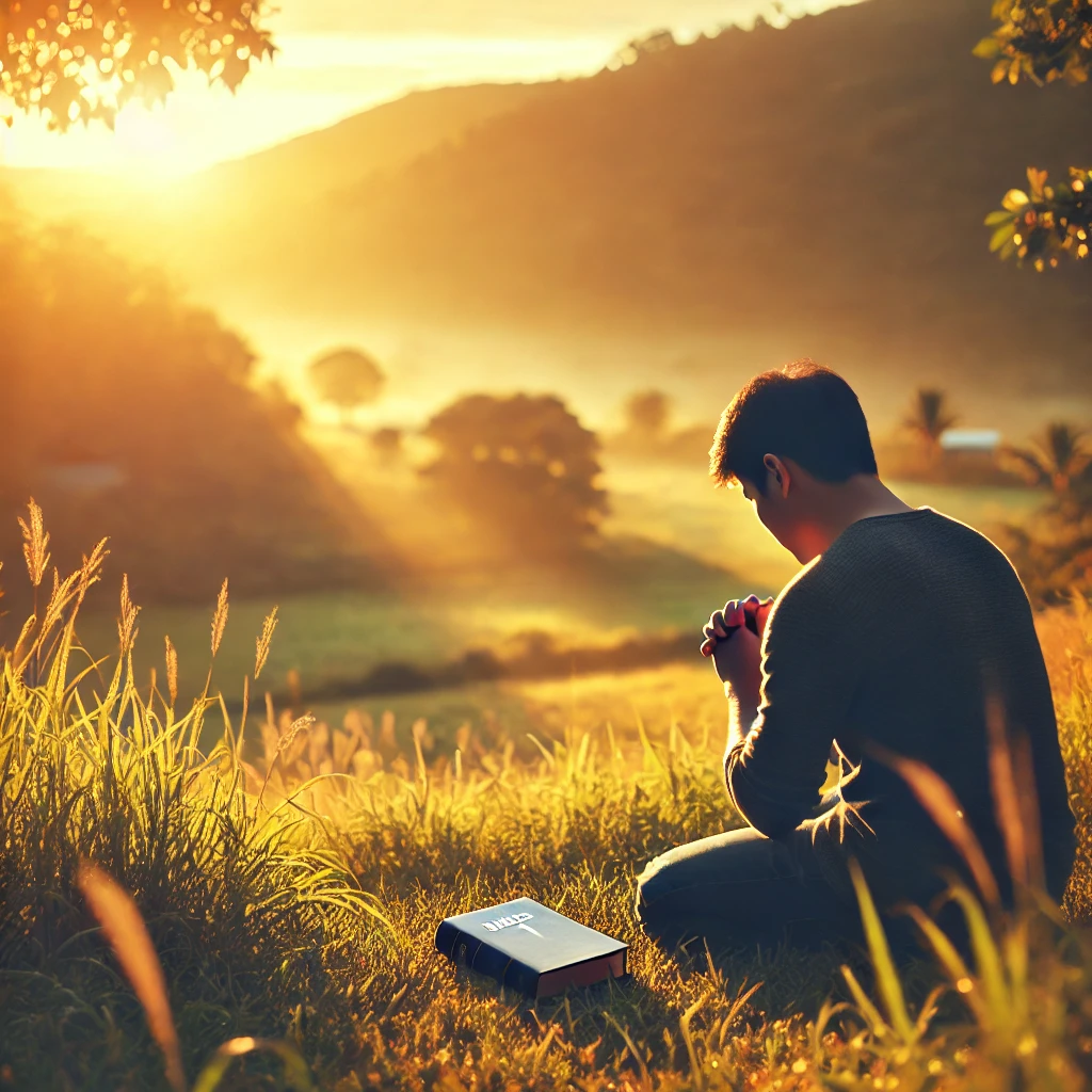 Here’s another image showing a peaceful outdoor scene of a young man praying at sunrise, symbolizing faith and spiritual devotion.